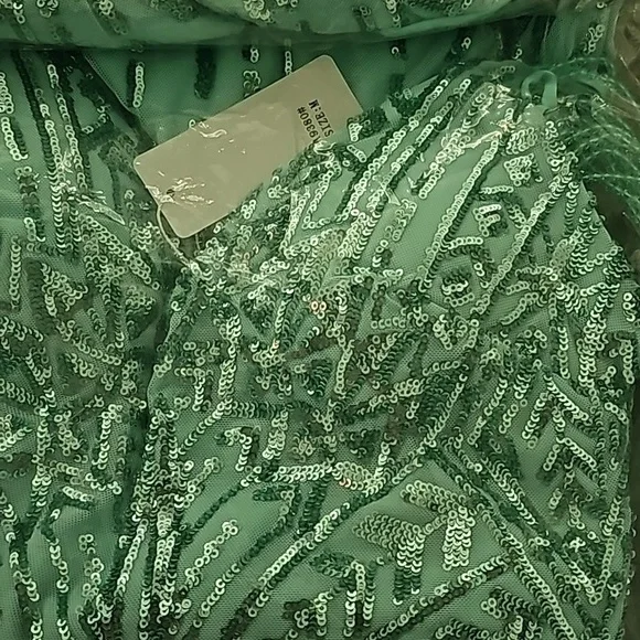 Mint Blue, V Neck,  Sleeveless,  Strapless,  Draped Beads, Sequined Merm… - Picture 9 of 11